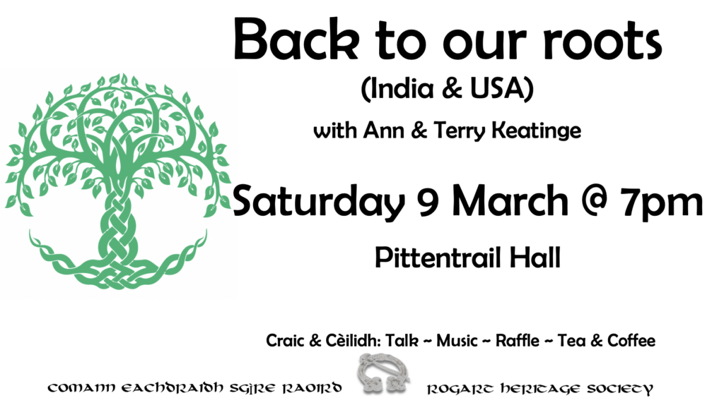 Talk by Ann & Terry Keatinge at Pittentrail Hall, music, raffle, tea and coffee